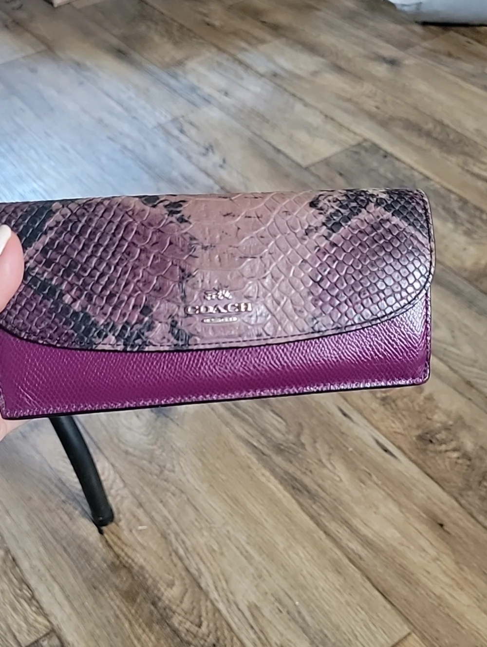 Coach Plum Leather Continental Wallet with Python-Print Envelope Style